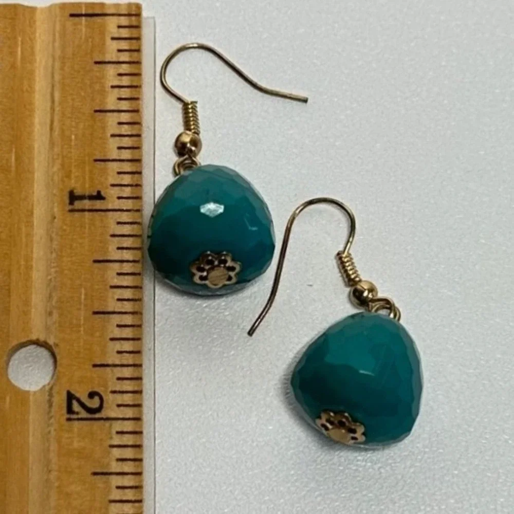 Teal Faceted Acrylic Bead Drop Earrings Gold‎ Tone Dangle Lightweight